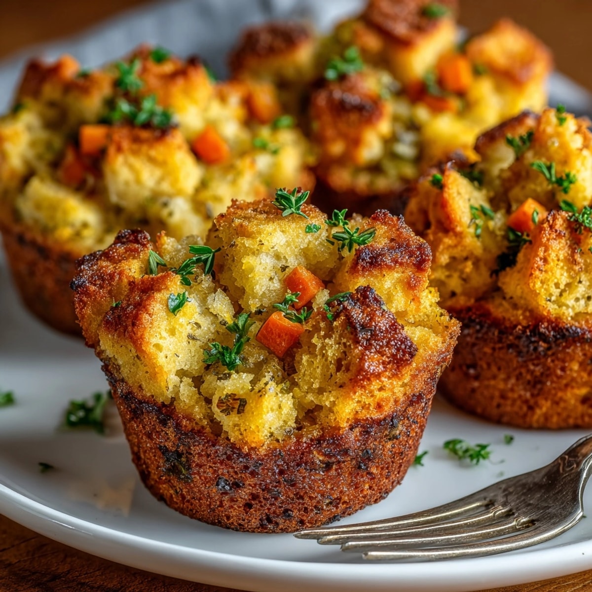 Fluffy Classic Buttery Herb Stuffing Muffins, seasoned perfectly, baked until golden brown.