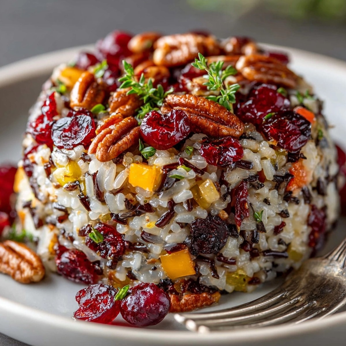 Golden Gluten-Free Wild Rice Stuffing with Cranberries in skillet, aromatic herbs visible.