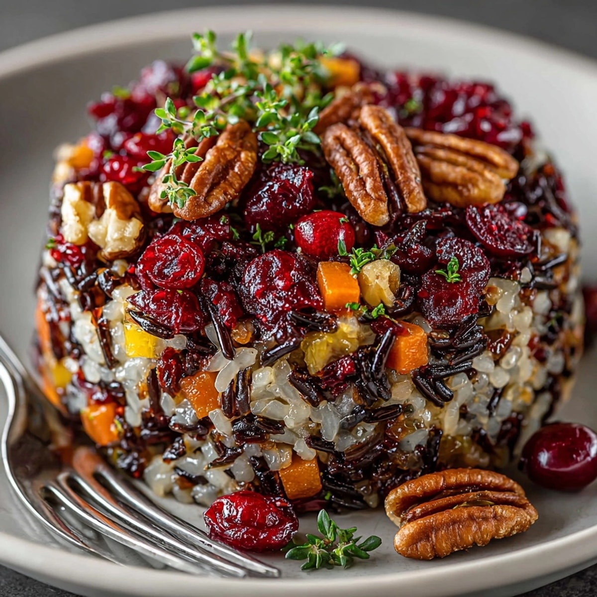 Close-up of Gluten-Free Wild Rice Stuffing; pecans, cranberries, and vegetables glistening.