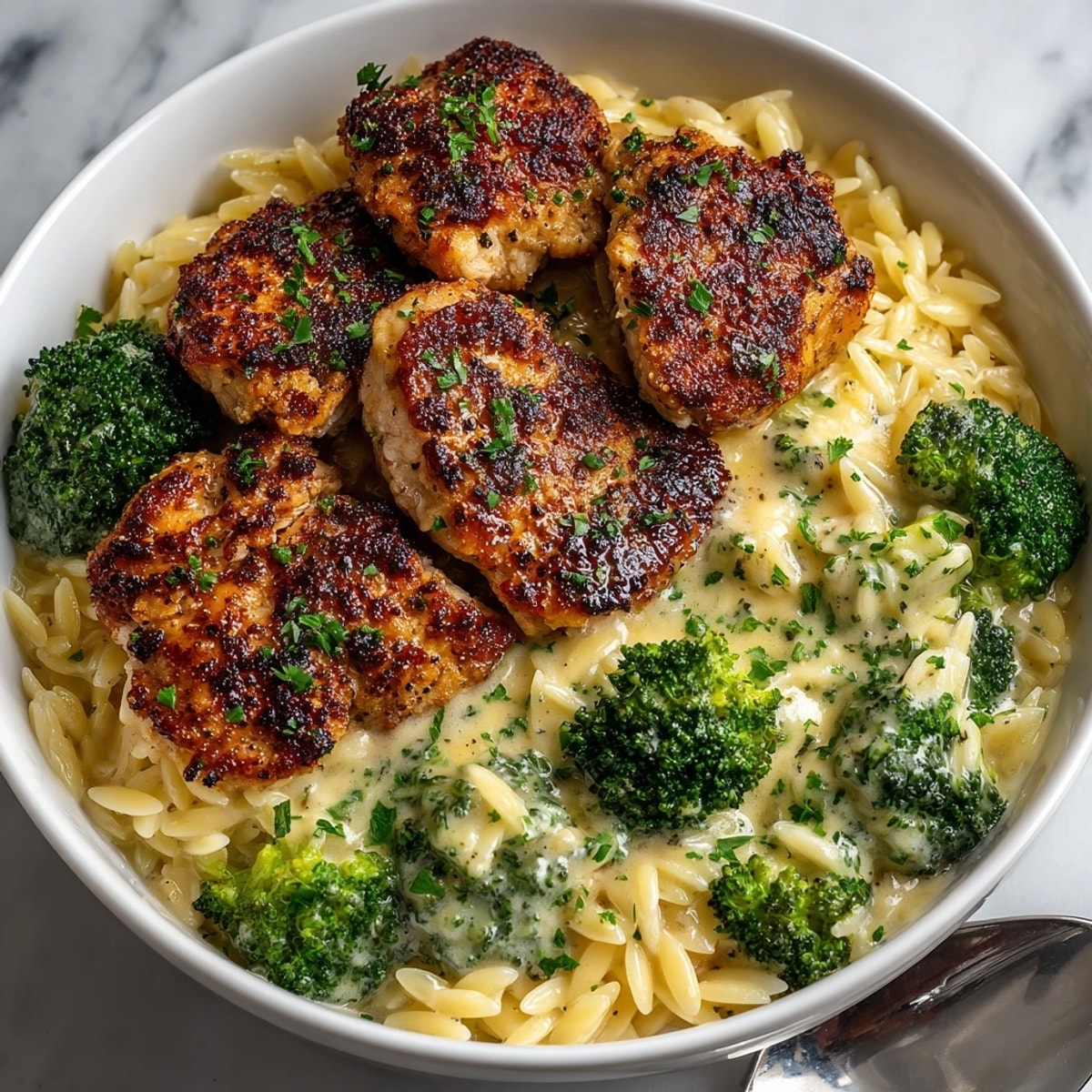 Lemon pepper chicken & broccoli orzo skillet: golden chicken, vibrant broccoli, creamy orzo.