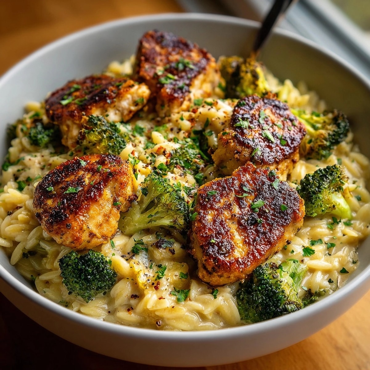 Close-up of Lemon Pepper Chicken & Broccoli Orzo Skillet; smelling fragrant, ready to serve.