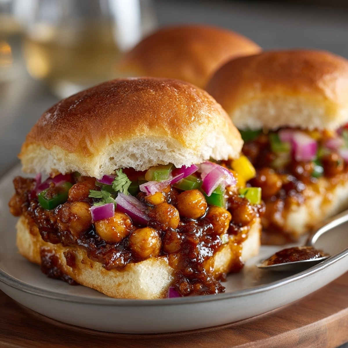 Smoky BBQ Chickpea Sloppy Joes piled high on sweet rolls, ready to eat.
