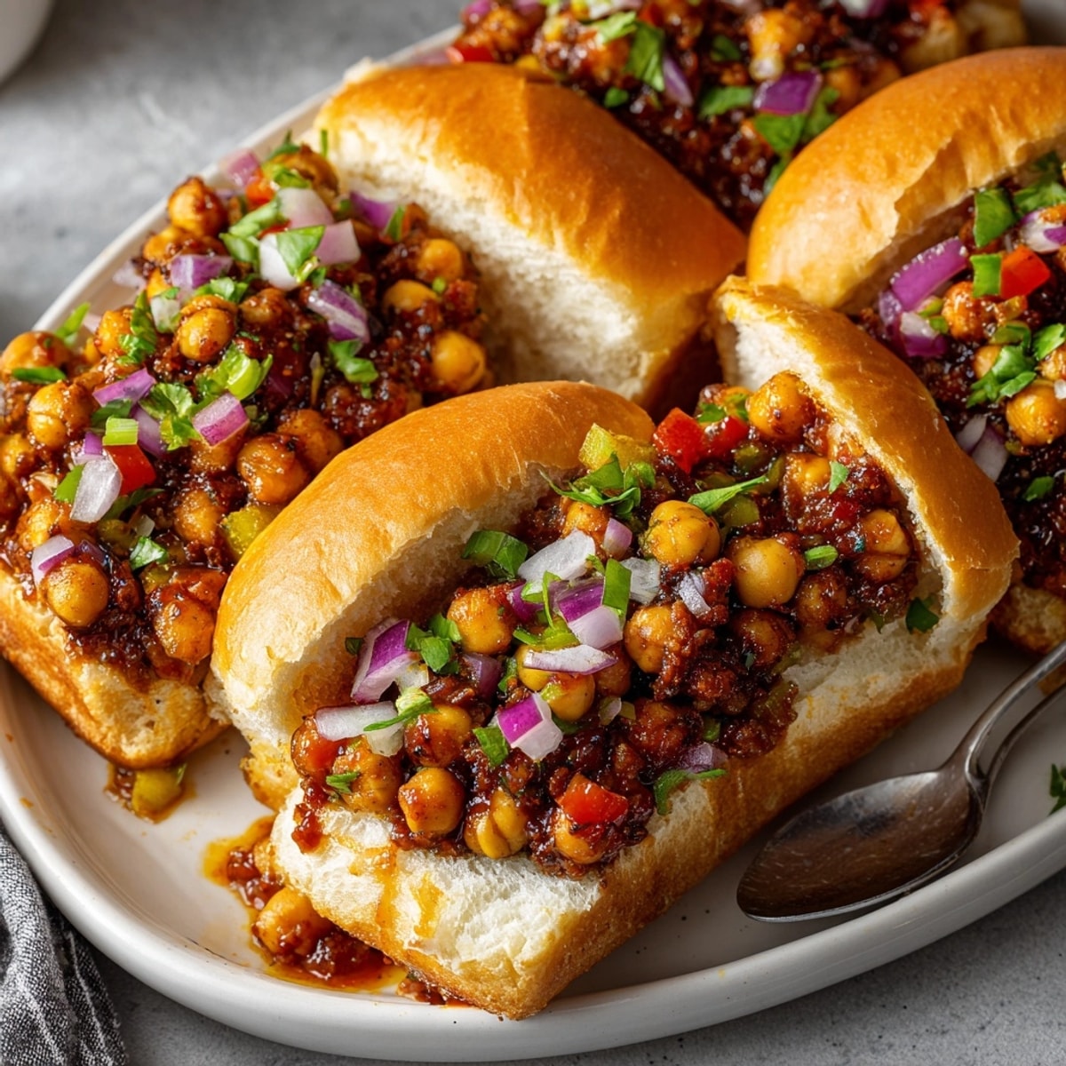 Savory, saucy BBQ Chickpea Sloppy Joes recipe on toasted buns, a perfect summer lunch.