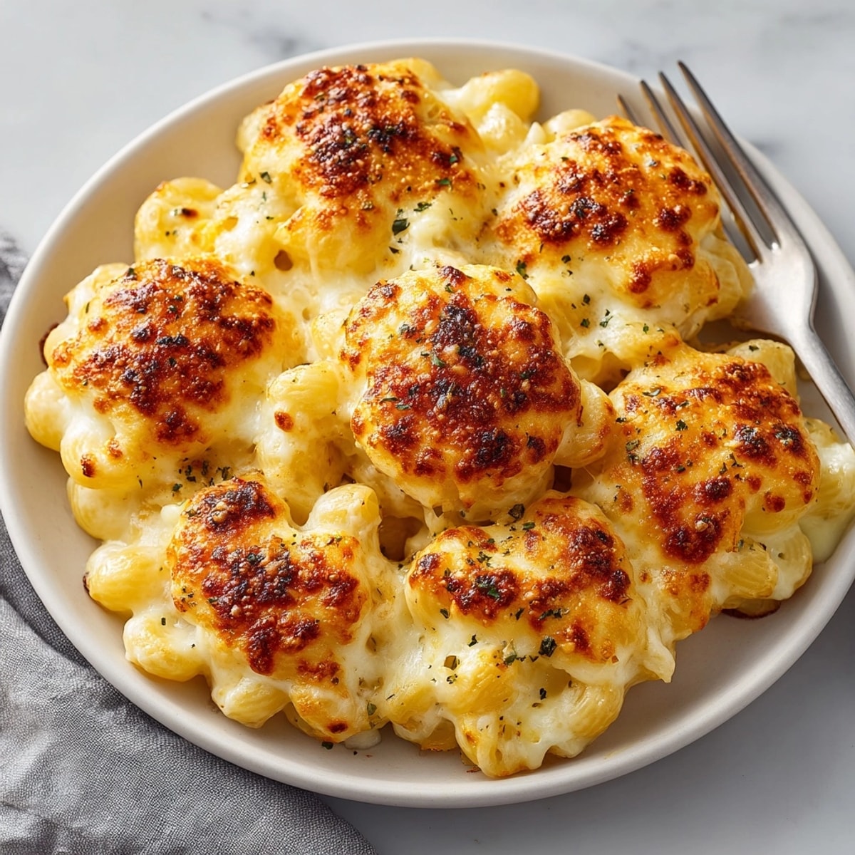 Creamy, bubbly Classic Three-Cheese Baked Macaroni, fresh from the oven, golden brown and tempting.
