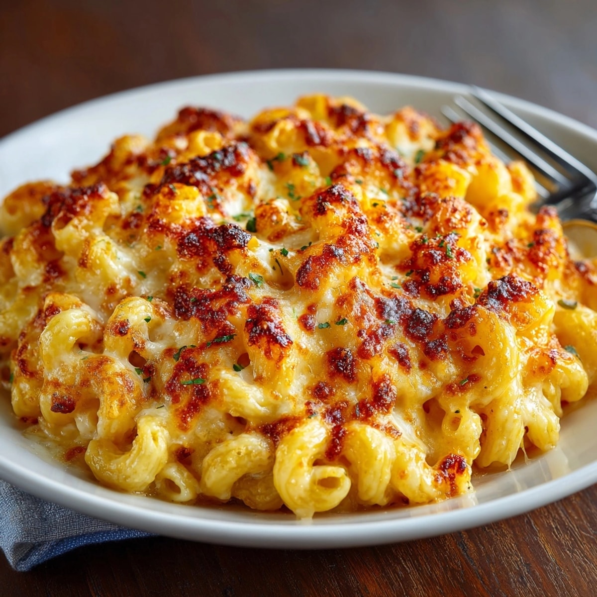 Close-up of golden, gooey Classic Three-Cheese Baked Macaroni, ready to serve for family dinner.