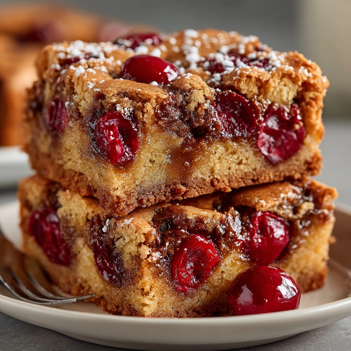 Salted brown butter blondies recipe with chopped cherries, glistening and ready to be sliced.