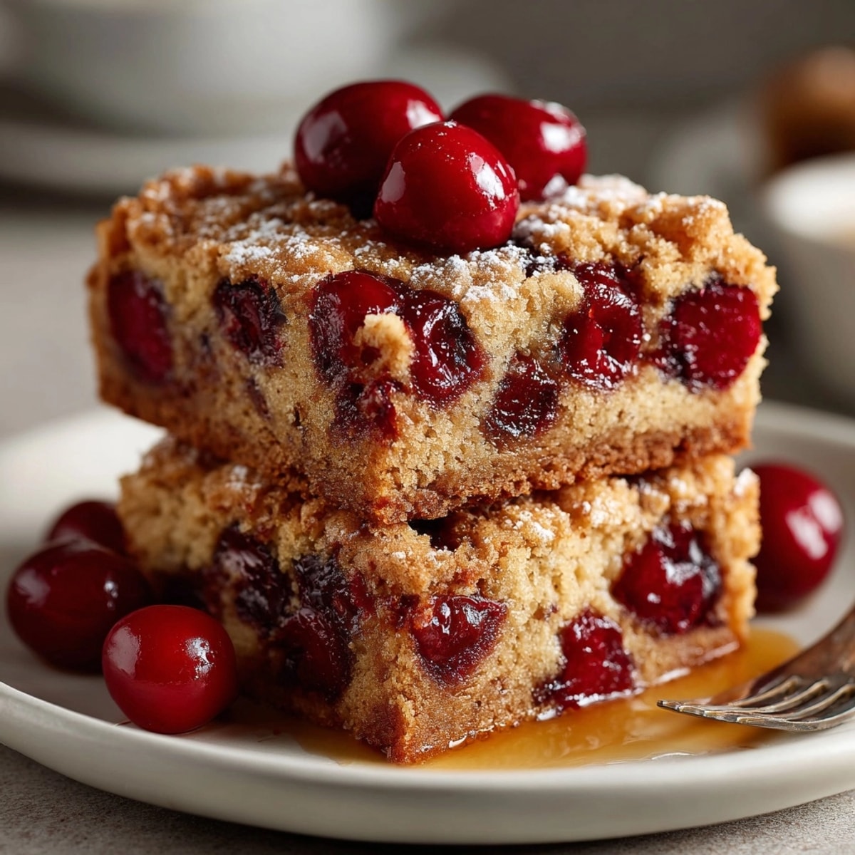Homemade salted brown butter blondies with chopped cherries, warm from the oven, smells divine.