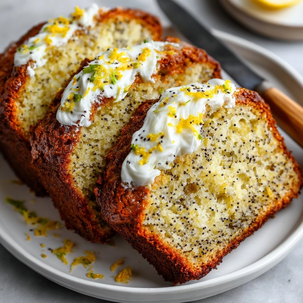 Golden Lemon Poppy Seed Ricotta Loaf, ready to slice and serve with tea.