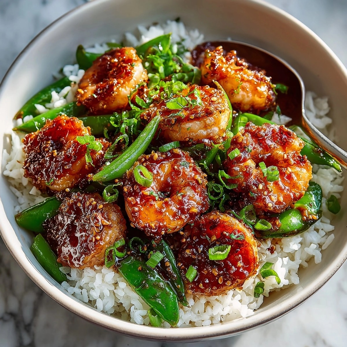 Honey Garlic Shrimp Bowls recipe: succulent shrimp, vibrant snap peas, and savory sauce.
