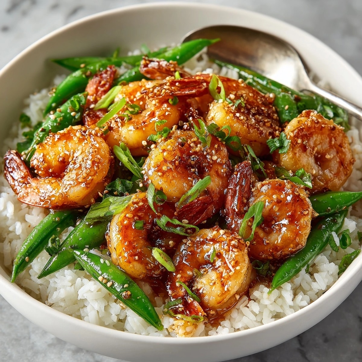 Honey Garlic Shrimp Bowls: A close-up shows glistening shrimp over fluffy rice and bright veggies.