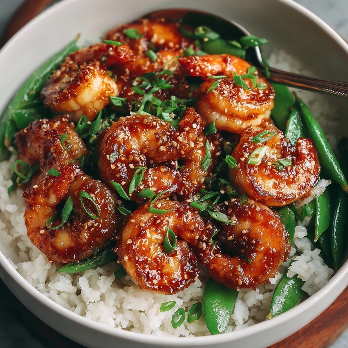 Delicious Honey Garlic Shrimp Bowl recipe ready to serve; steamy, fragrant, and colorful.