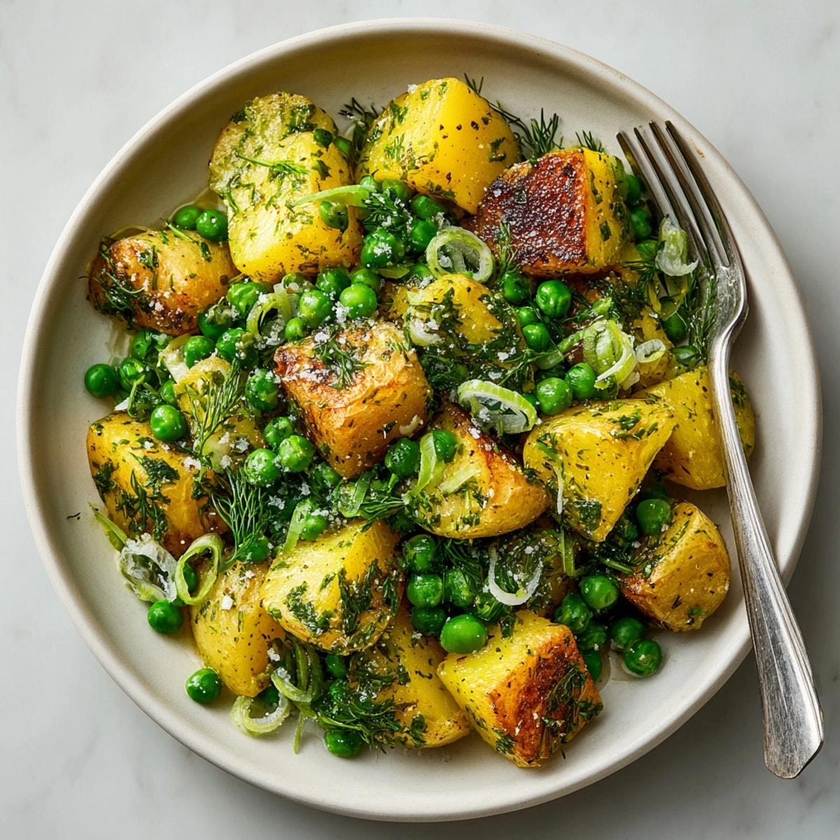 Creamy Spring Pea & Herbed Potato Salad recipe: bright green peas with tender potatoes.