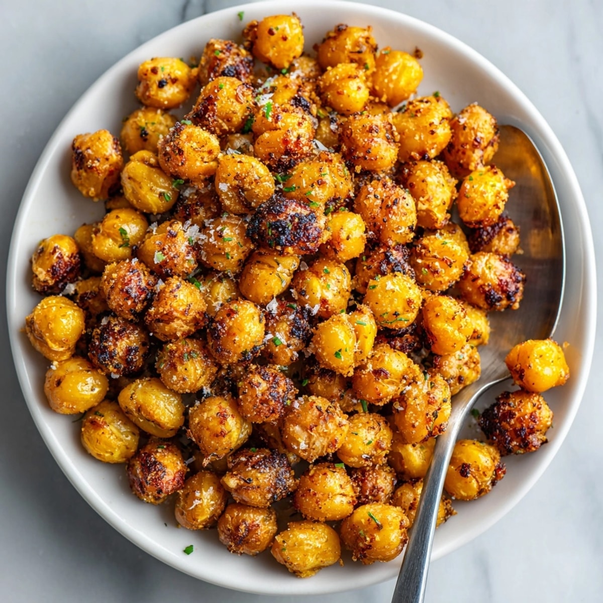Crispy, golden Crunchy Ranch Roasted Chickpeas, fresh from the oven, seasoned to perfection.