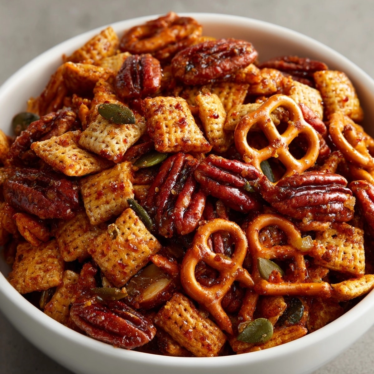 Golden, crunchy Spicy Cinnamon Pecan Snack Mix, fresh-baked, perfect for holiday parties.