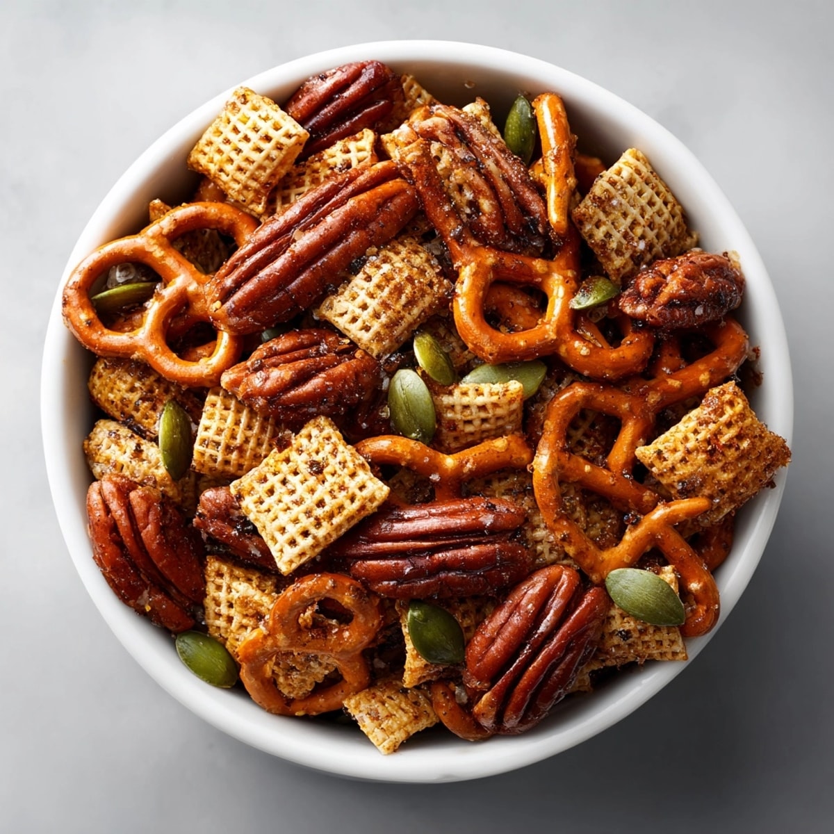 A bowl of warm, aromatic Spicy Cinnamon Pecan Snack Mix, a comforting fall treat.