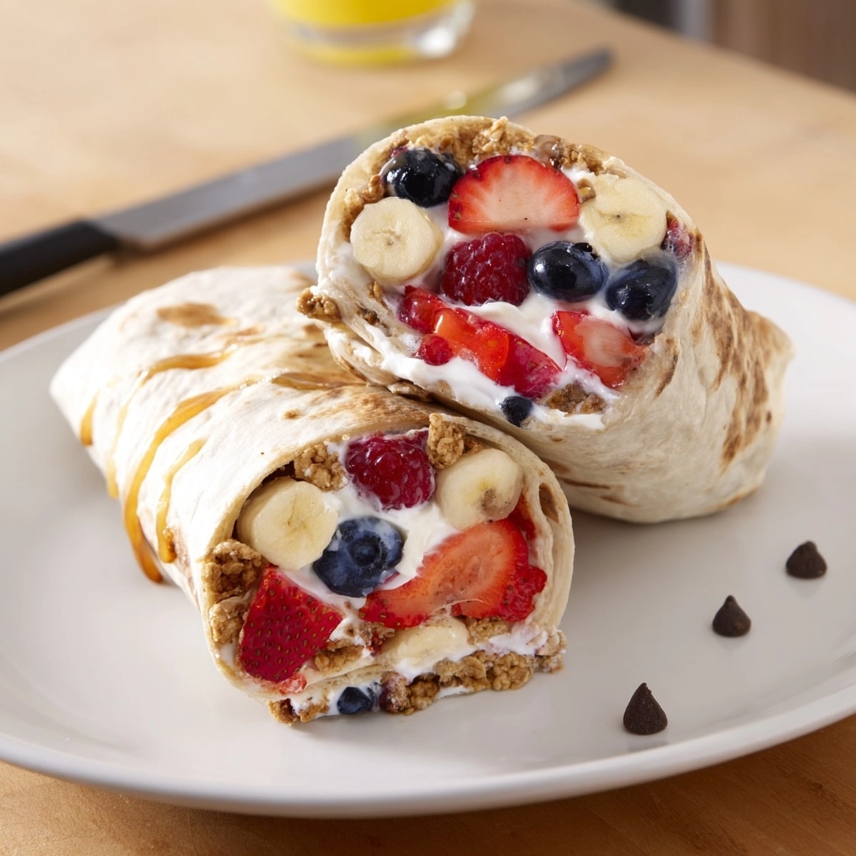 Creamy yogurt, fresh berries, and crunchy cereal burst from warm Cinnamon Toast Crunch Breakfast Wraps.