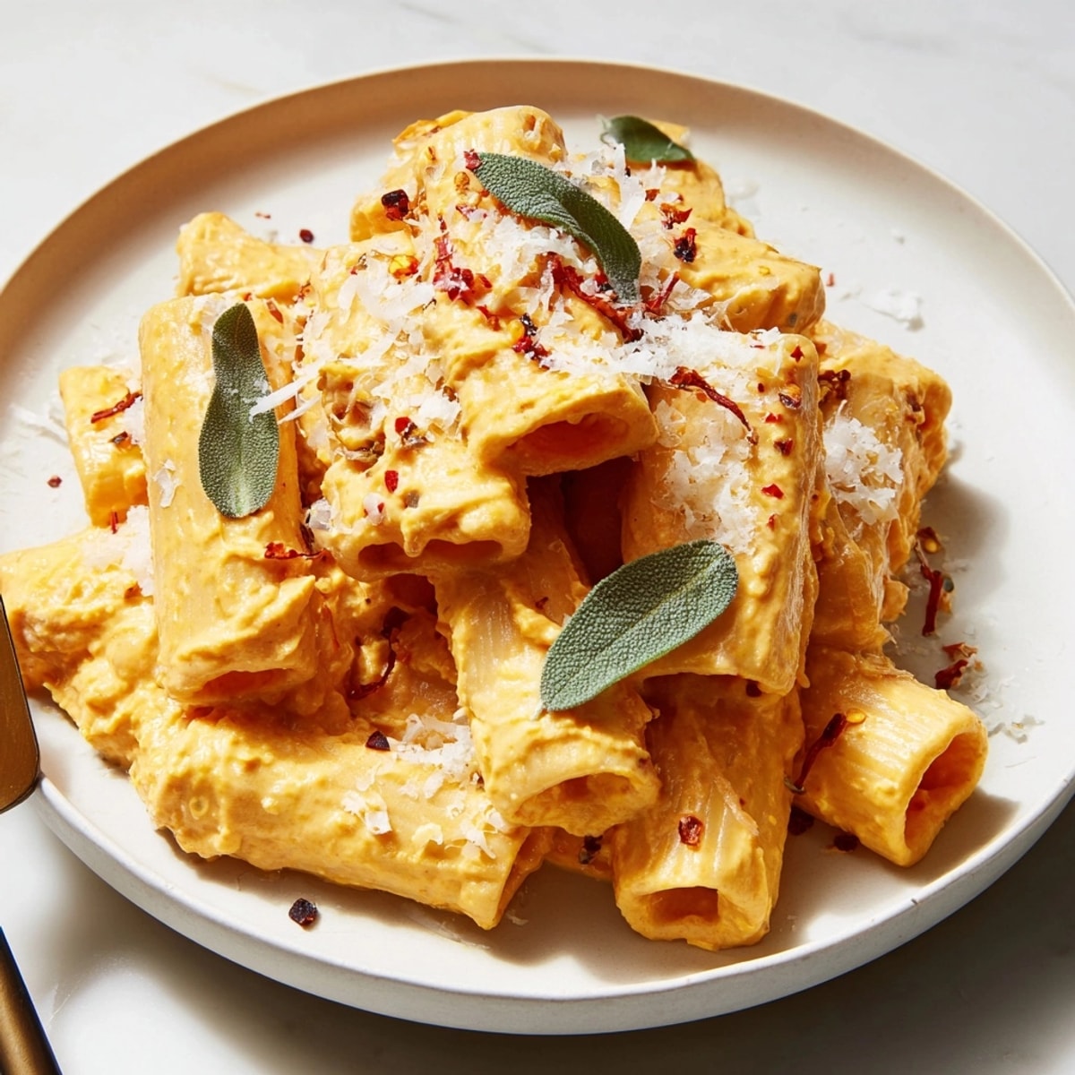 Creamy Whipped Ricotta Pumpkin Pasta: Twirls of golden pasta coated in a rich, autumnal sauce.