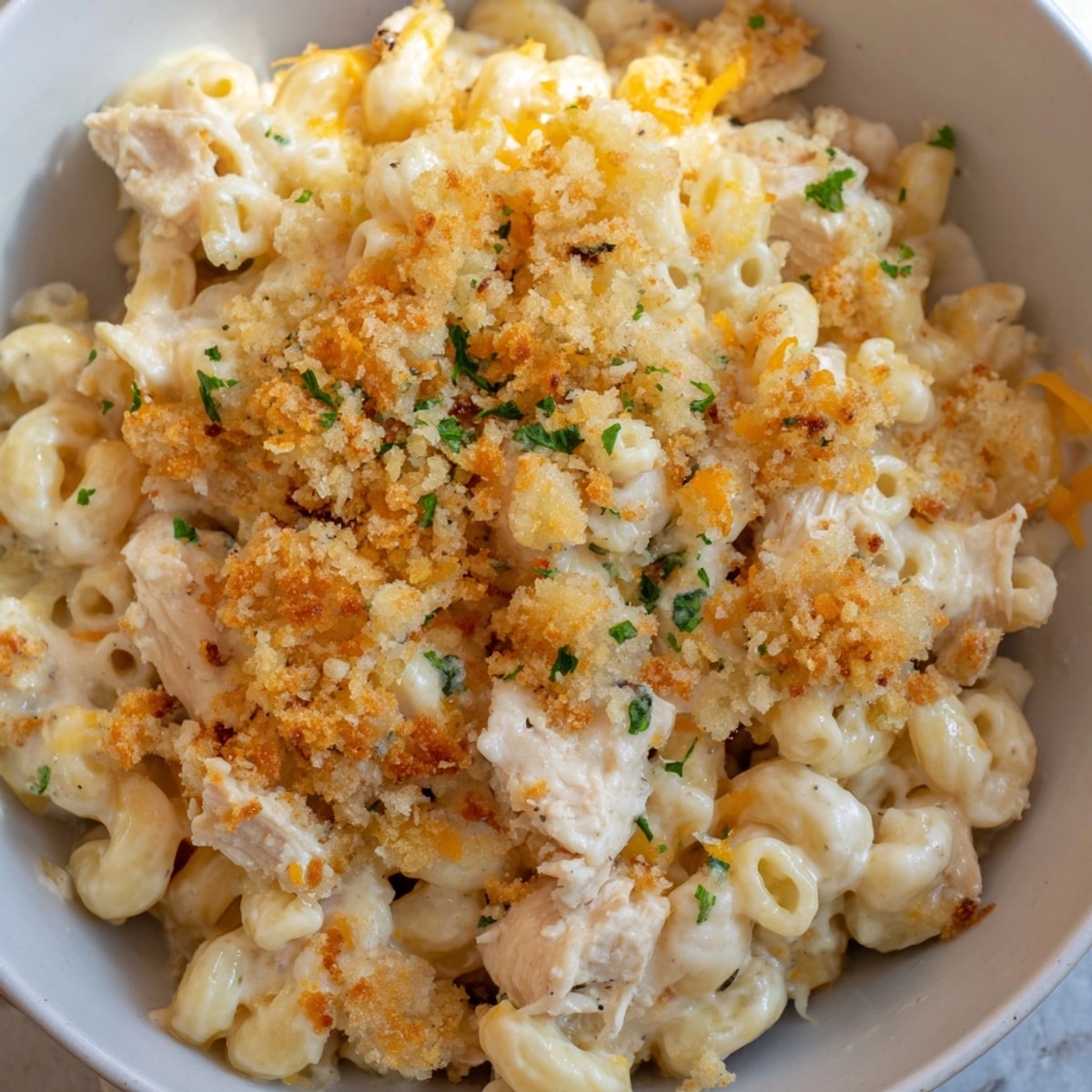 Golden brown "Mac and Cheese Chicken Alfredo Bake" bubbling hot from the oven.