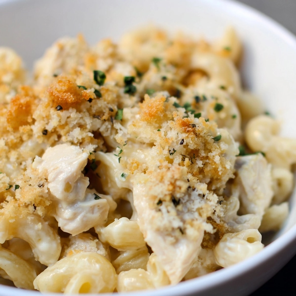 Creamy &quot;Mac and Cheese Chicken Alfredo Bake&quot; served warm, garnished with fresh parsley.
