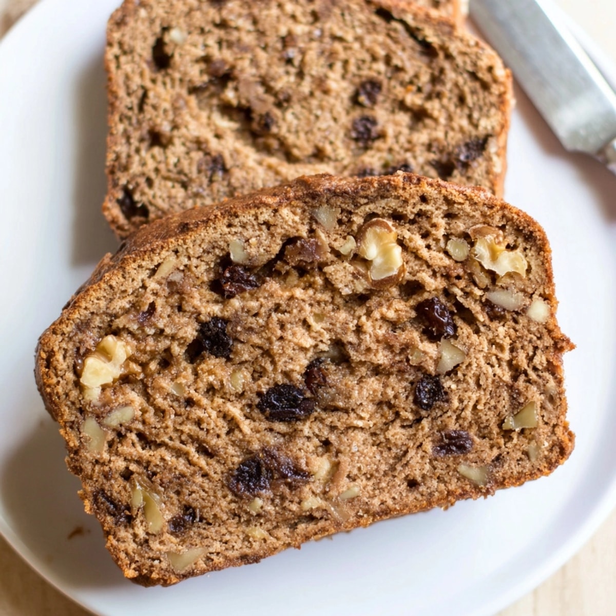 Close-up: Moist Cinnamon Applesauce Flax Loaf with visible flax seeds, cooling on a rack.