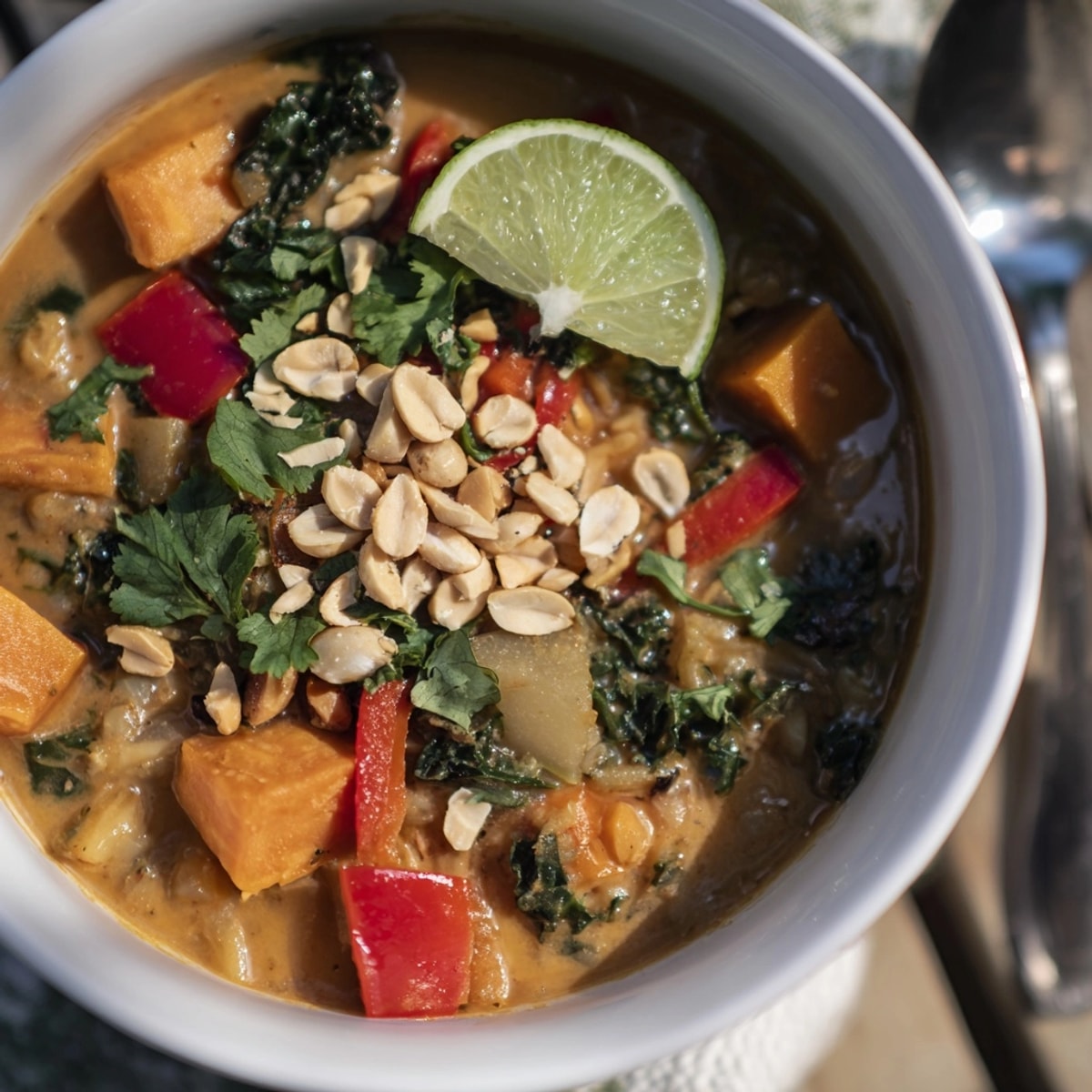 Creamy Thai Peanut Kale Veggie Stew simmering, vibrant veggies and fragrant broth visible.