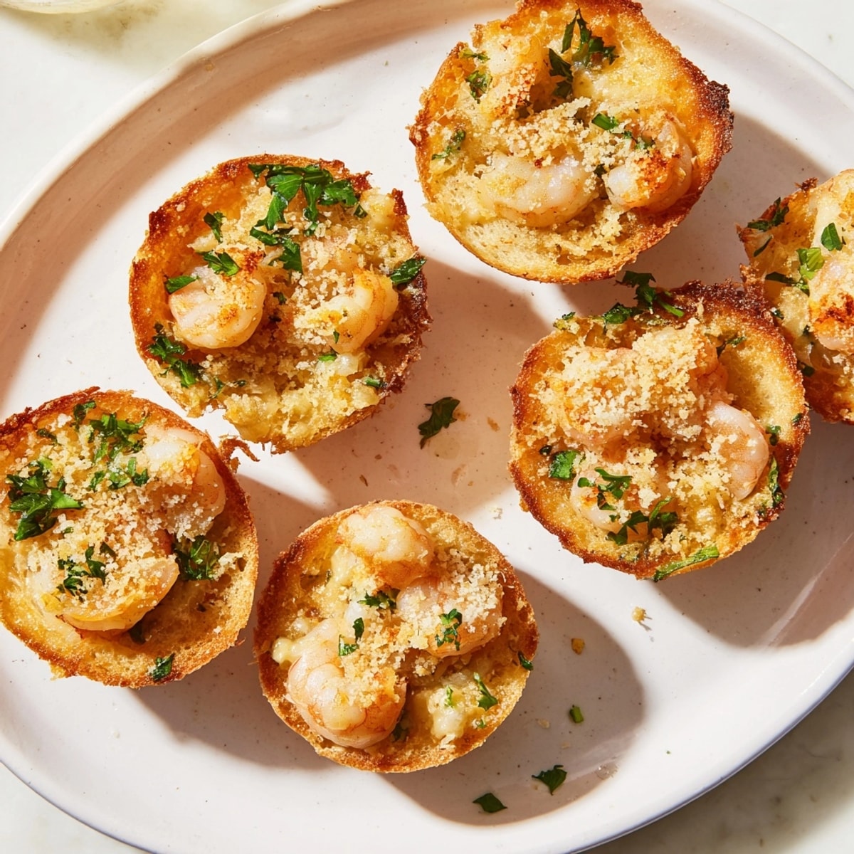 Savory Shrimp Parmesan Toast Cups, topped with fresh parsley, served warm for brunch.