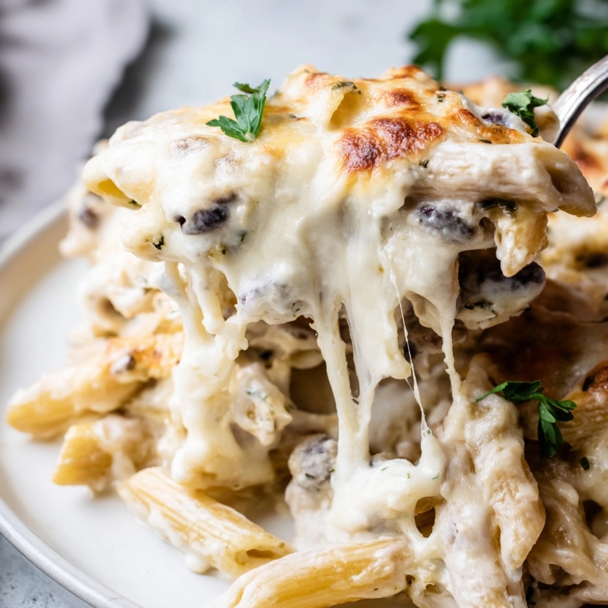 Golden Alfredo Black Bean Pasta Bake bubbling in a dish, cheesy comfort food.
