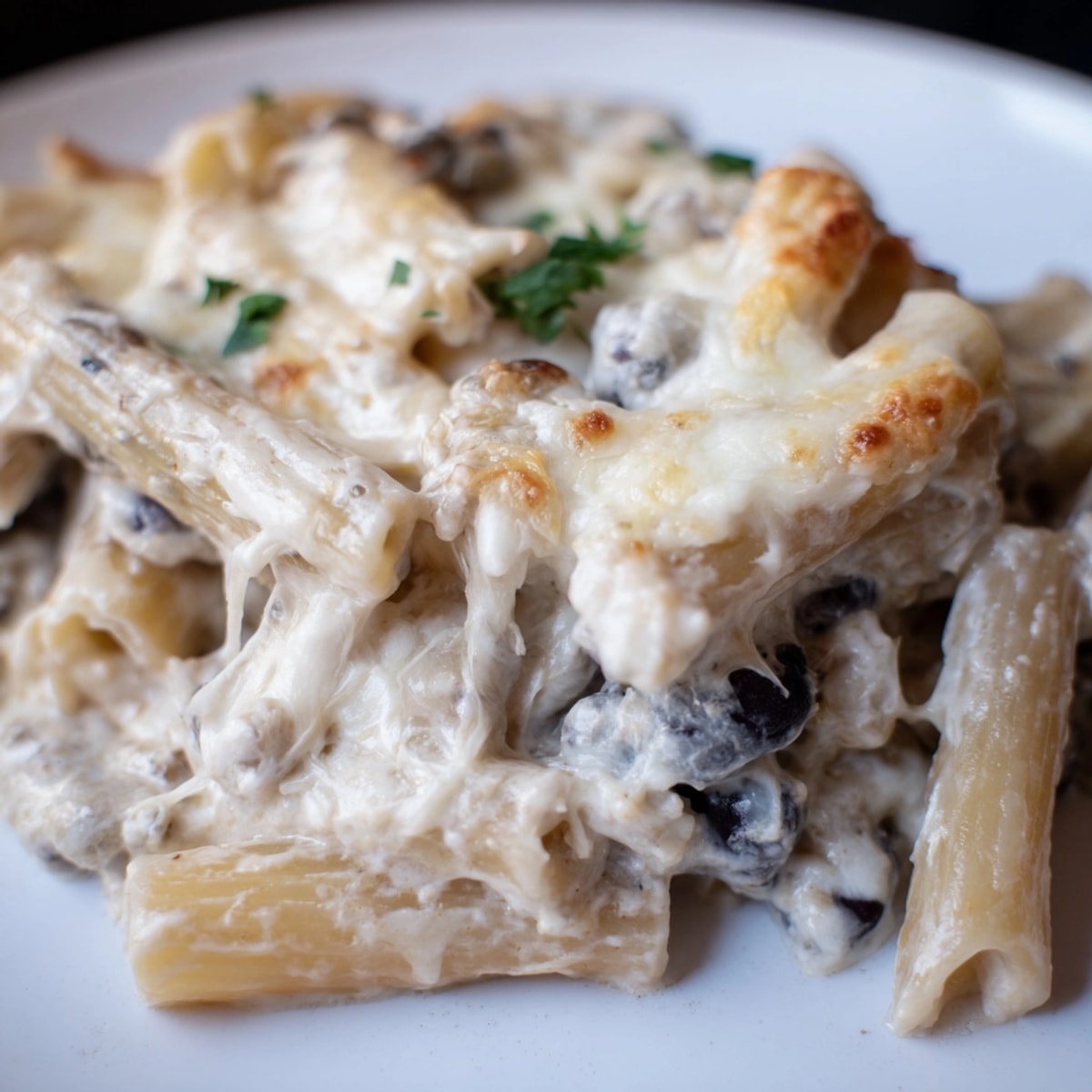 Warm, homemade Alfredo Black Bean Pasta Bake, a savory, melty vegetarian dinner.