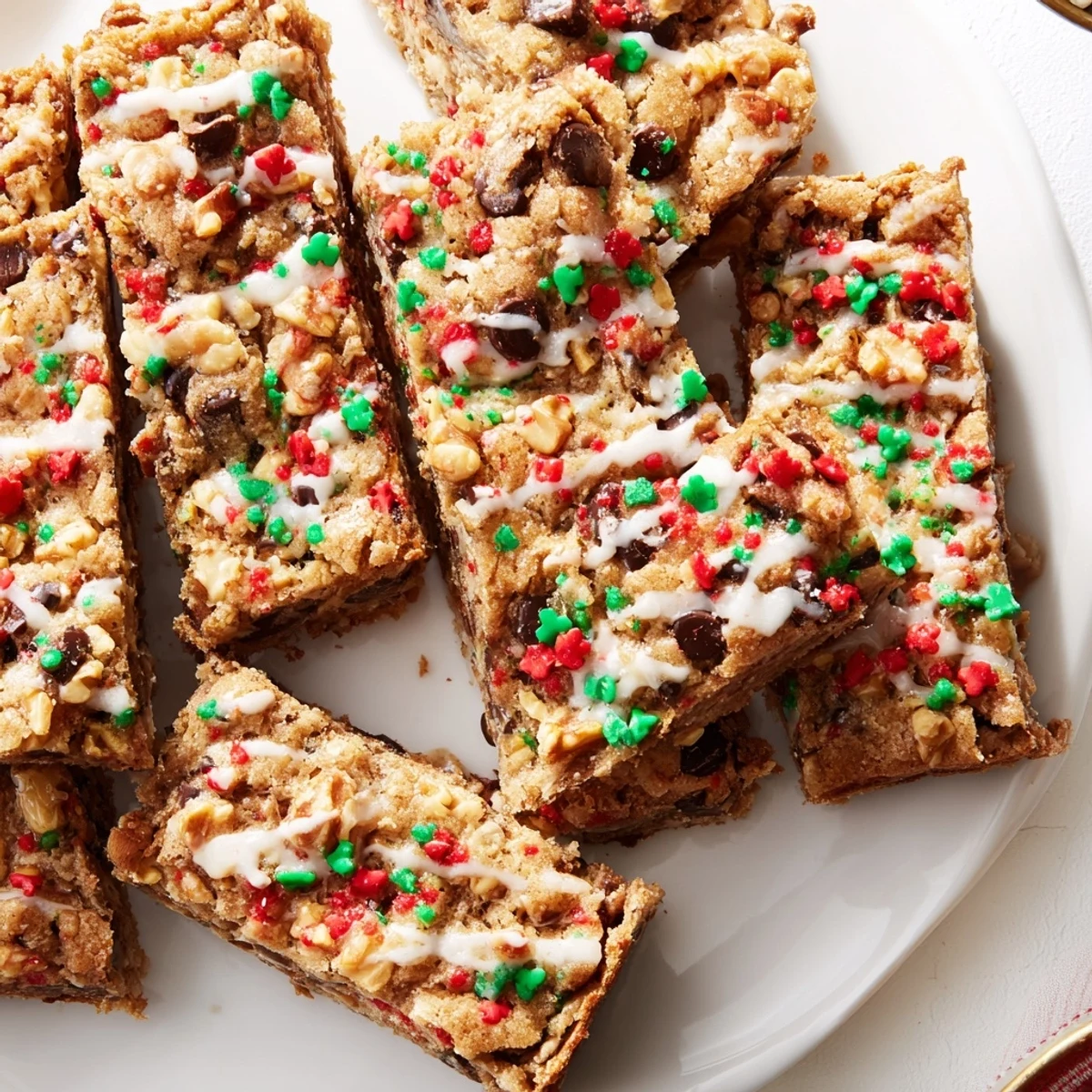 Soft and chewy festive Christmas cookie chocolate chip bars, topped with sprinkles.  