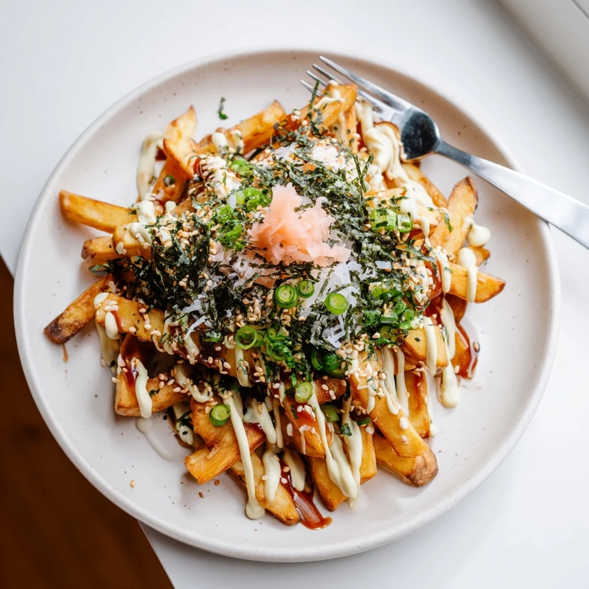 Crispy Japanese Okonomiyaki Fries drizzled with savory sauces and toppings.