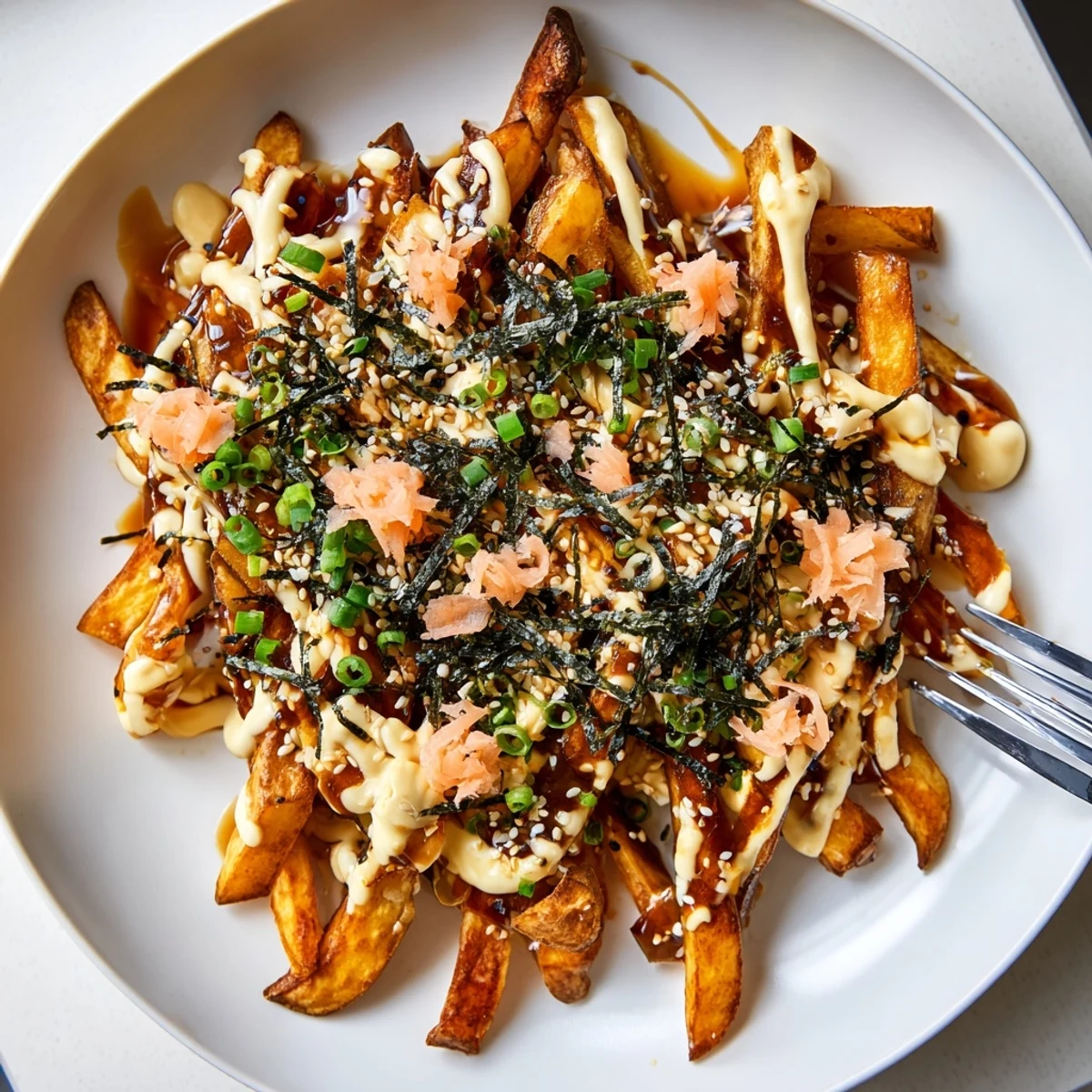 Loaded okonomiyaki fries topped with seaweed, green onions, and creamy mayonnaise. 