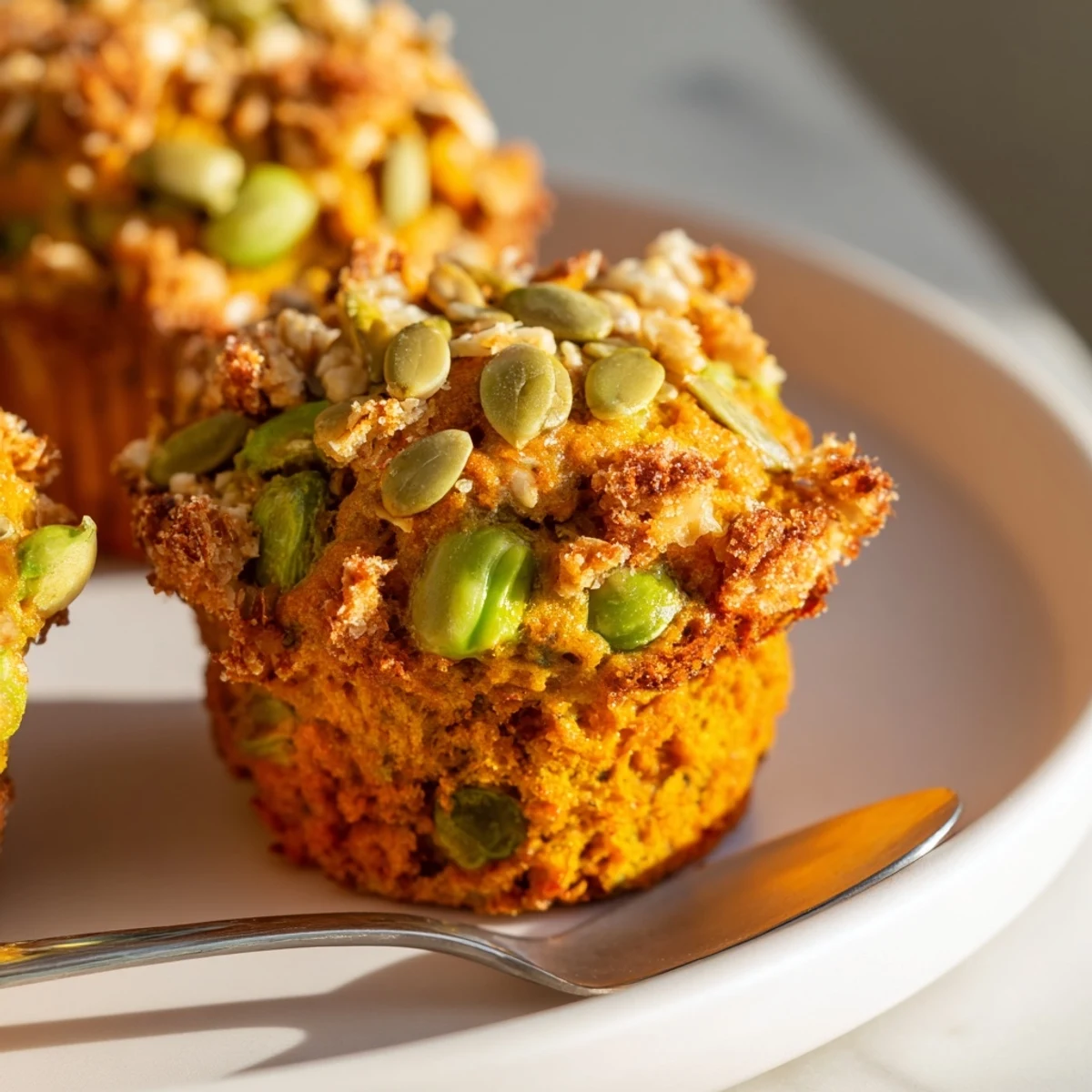 Moist Crispy Edamame Pumpkin Muffins topped with crunchy seeds and spices.  