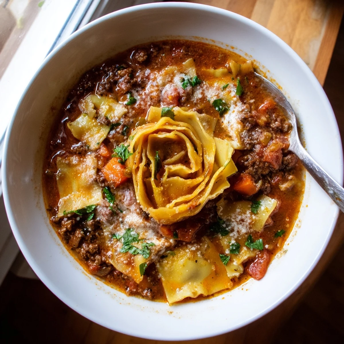 Hearty lasagne soup with rich caramelized onion swirl and melted cheese garnish.  