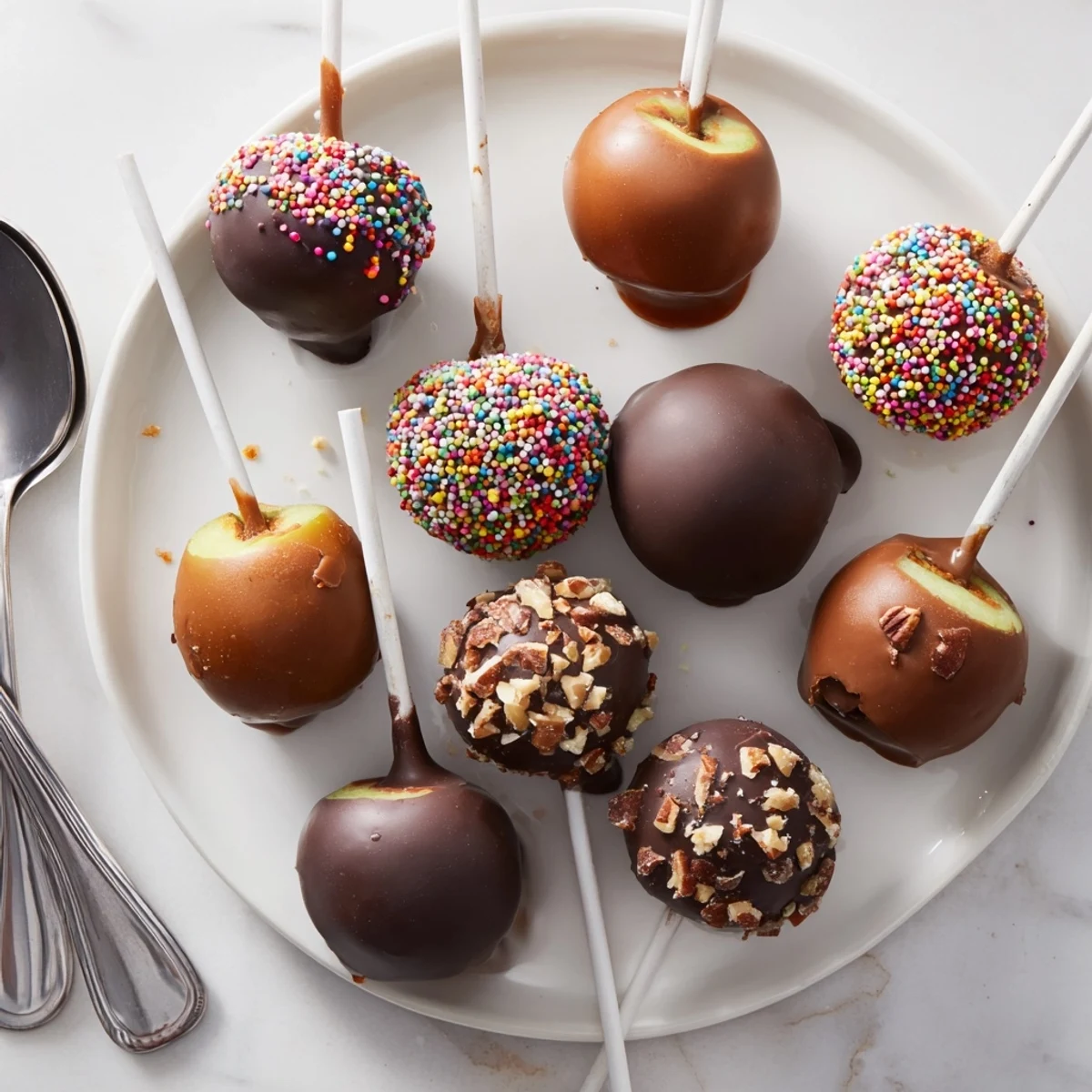 Creamy caramel apple truffle pops drizzled with rich chocolate, ideal for gatherings.  