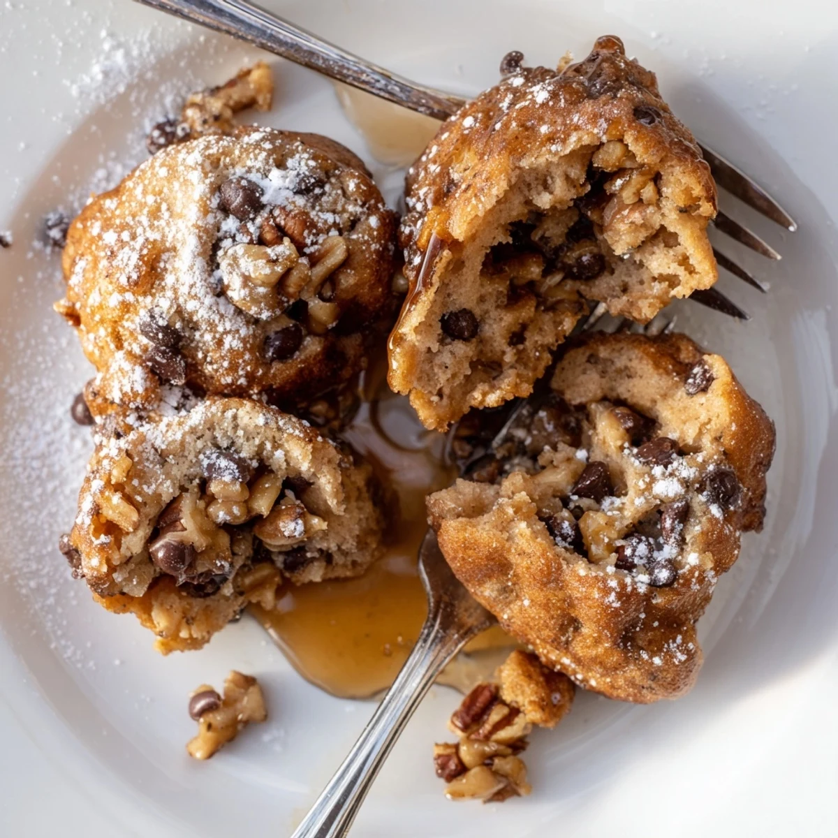 Gooey maple pecan cookie dough fritters, crispy outside and decadent inside.  