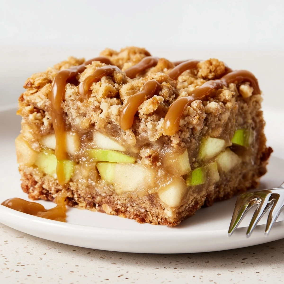 Buttery Caramel Apple Cinnamon Crunch Blondies topped with a crunchy streusel layer.  