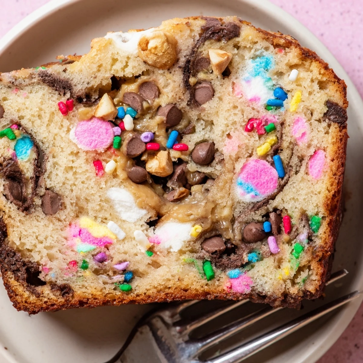 A vibrant Chaos Cake Monster Muffin Loaf topped with colorful sprinkles and chocolate chips.  