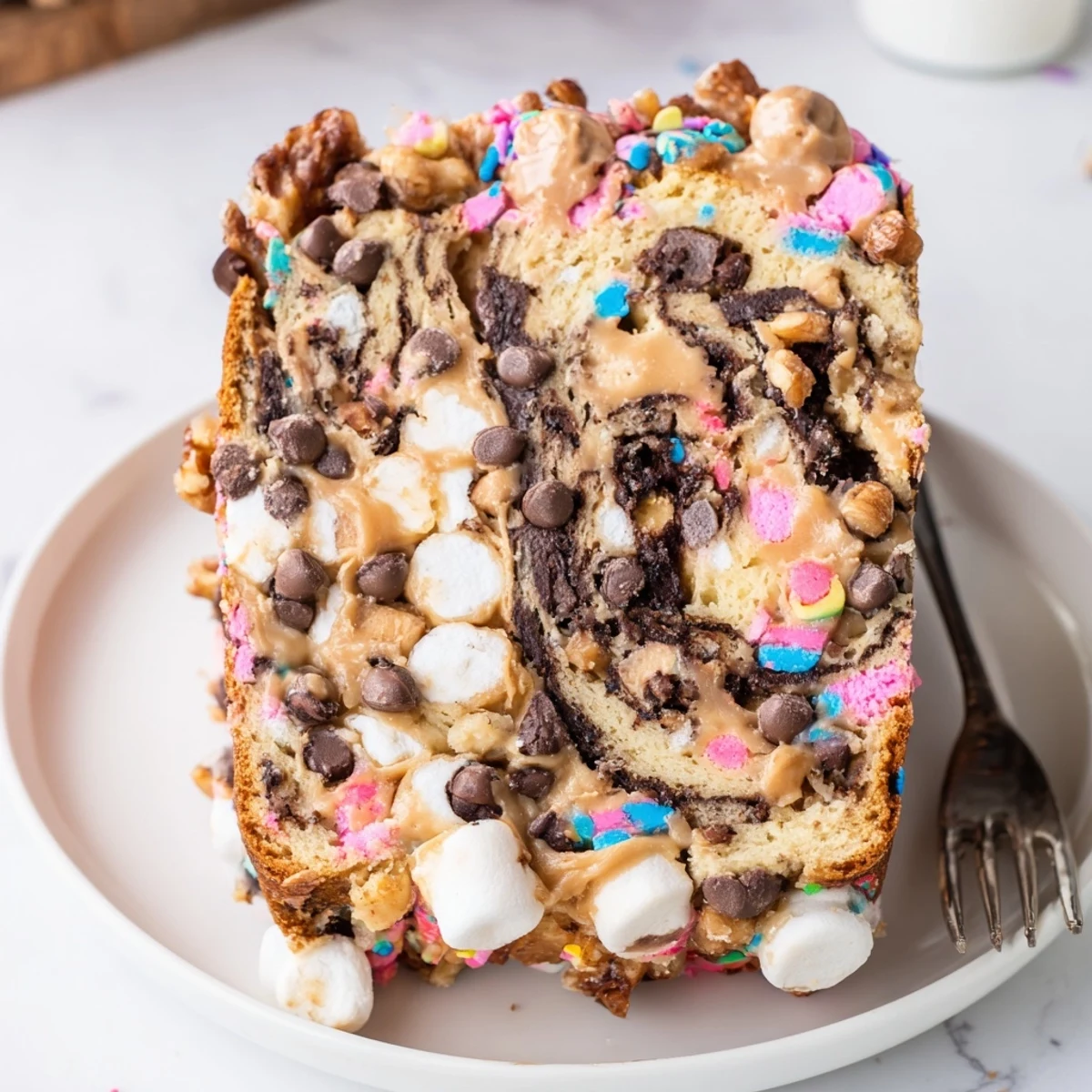 Freshly baked Chaos Cake Monster Muffin Loaf with a gooey peanut butter swirl inside.  