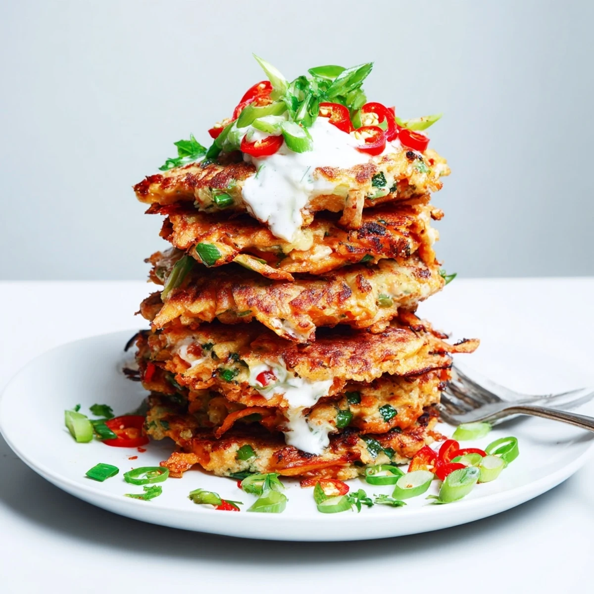 Vibrant chili garlic sweet potato pancake stacks topped with refreshing yogurt sauce.  