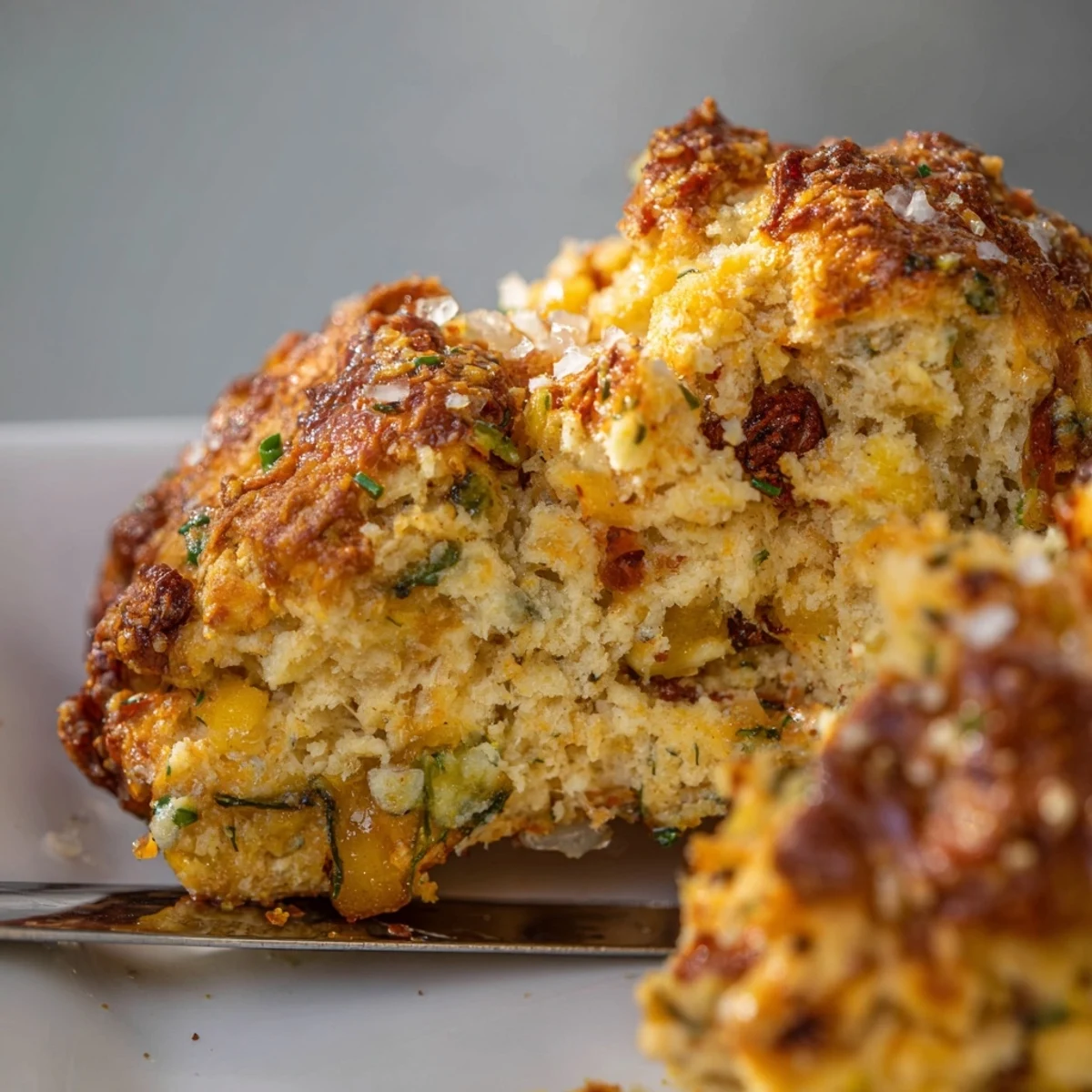 Fluffy Spicy Buffalo Biscuit Pretzel Scones topped with flaky sea salt, perfect for snacking.  