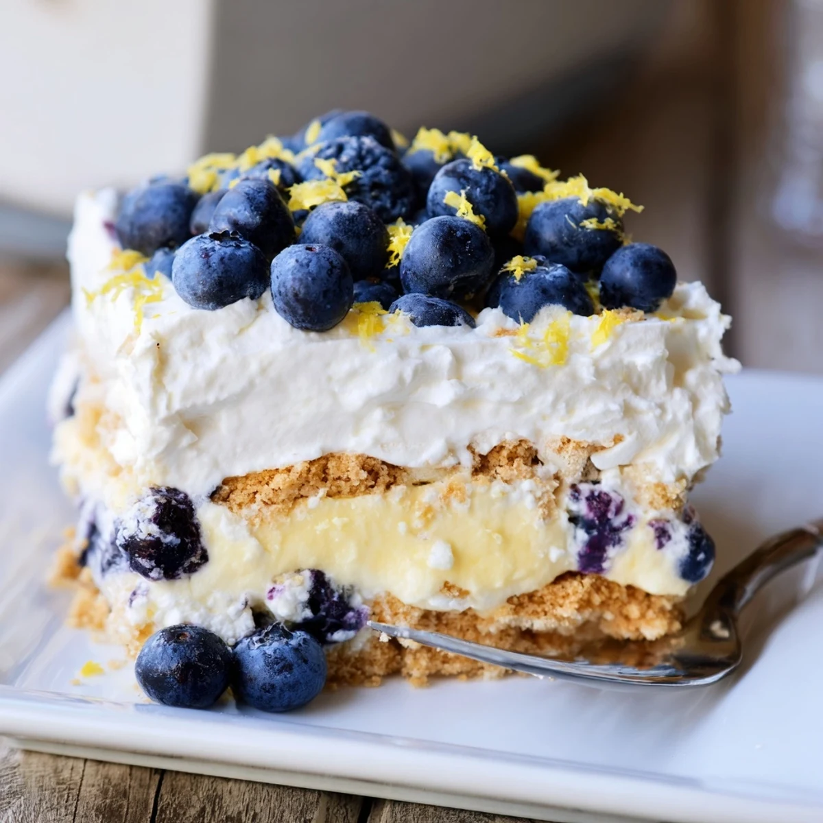 Refreshing No-Bake Lemon Blueberry Cream Cake, perfect for summer gatherings and barbecues.