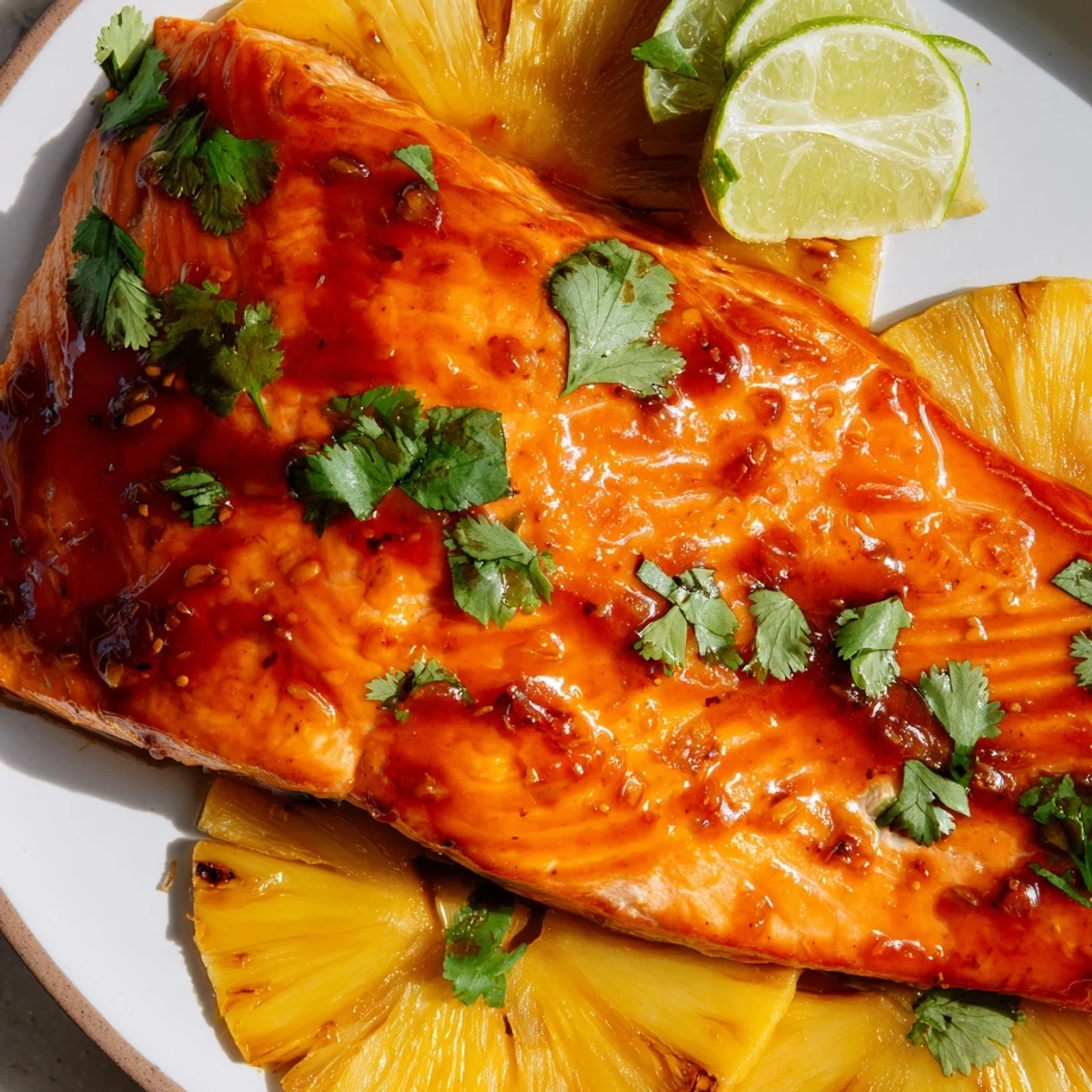 Delicious baked pineapple salmon drizzled with hoisin and served alongside vibrant lime.  