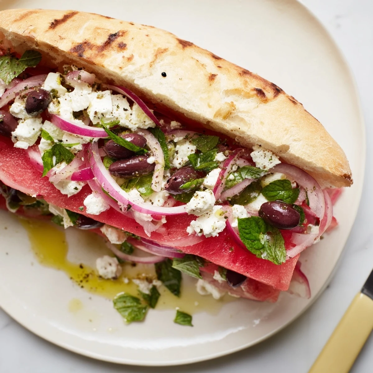 Vibrant watermelon sandwich layered with feta and fresh herbs for summer delights.  