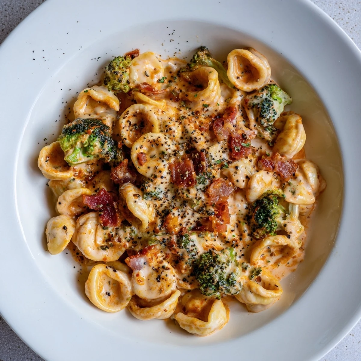 Creamy Spicy Bacon Broccoli Orecchiette topped with freshly ground black pepper.  