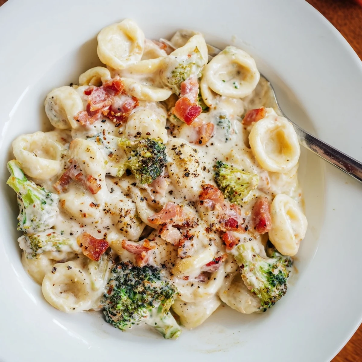 Deliciously vibrant Spicy Bacon Broccoli Orecchiette ready for a quick dinner.  
