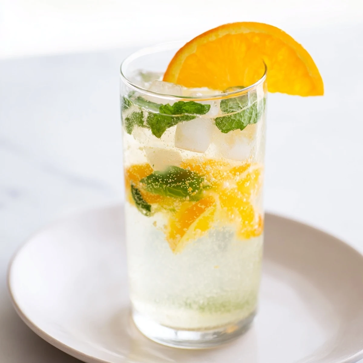 Refreshing probiotic soda mocktail with citrus, mint, served over ice.  