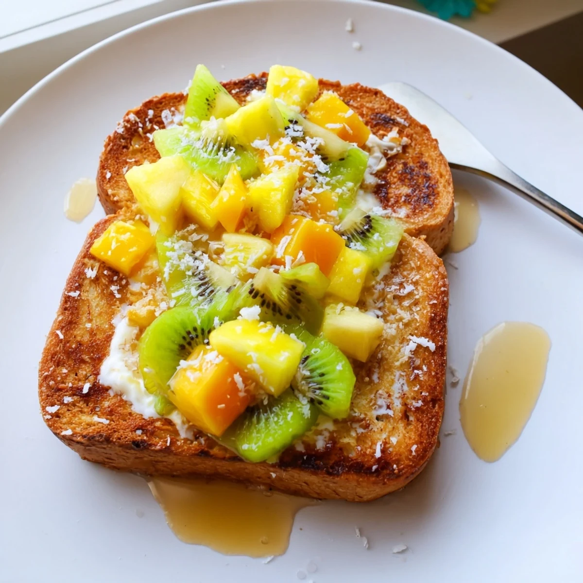 Creamy Yogurt-Custard Toast topped with fresh tropical fruits for a delicious brunch.  