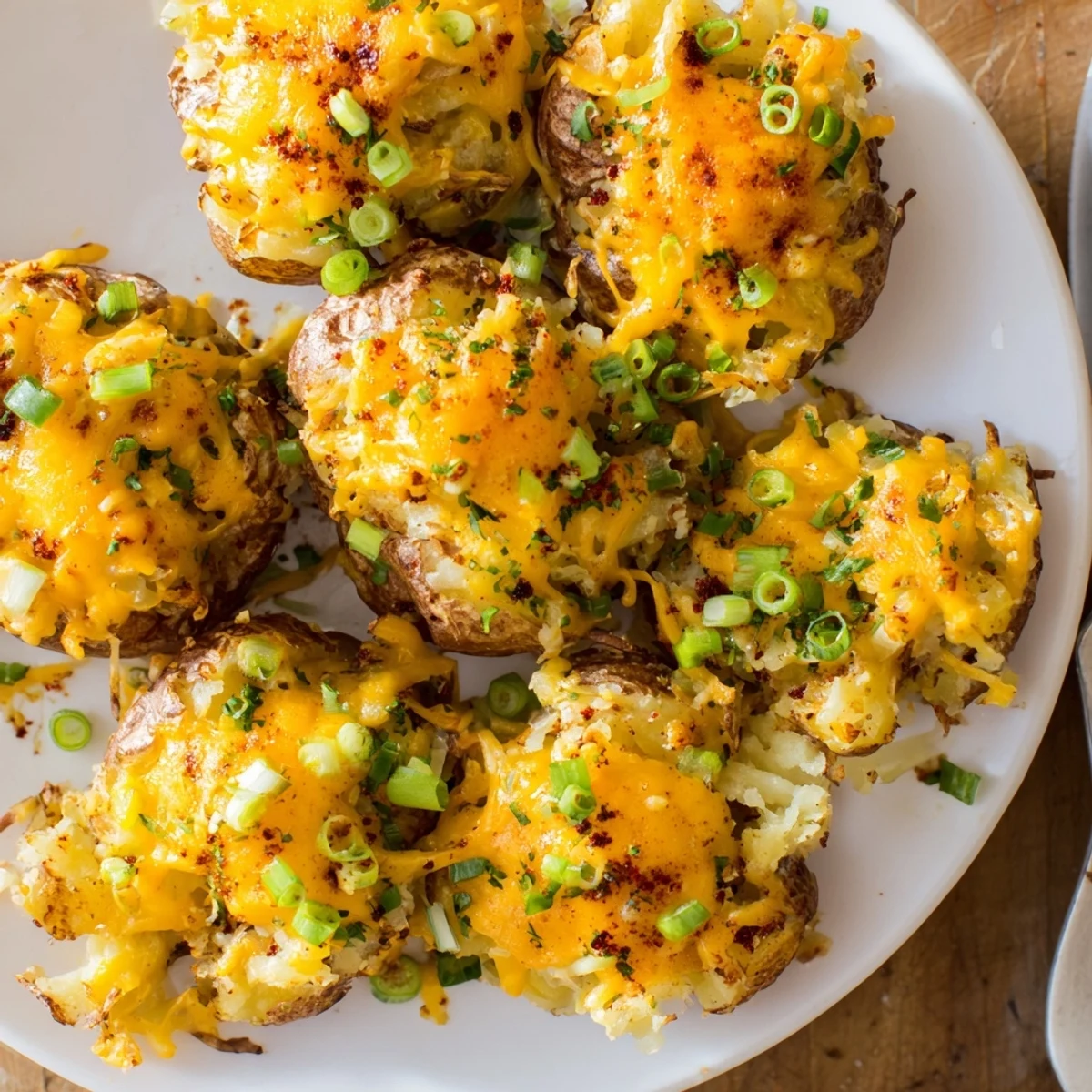 Delicious golden potato bombs garnished with green onions, ideal for dipping.  