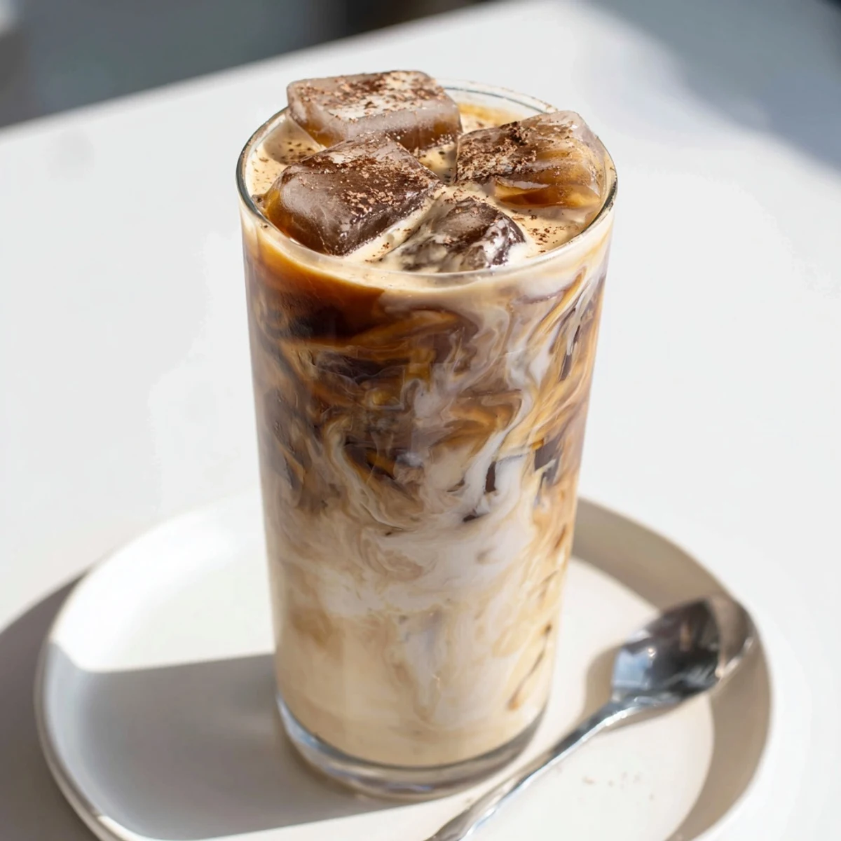 Creamy tahini iced coffee topped with plant milk, a refreshing afternoon delight.  