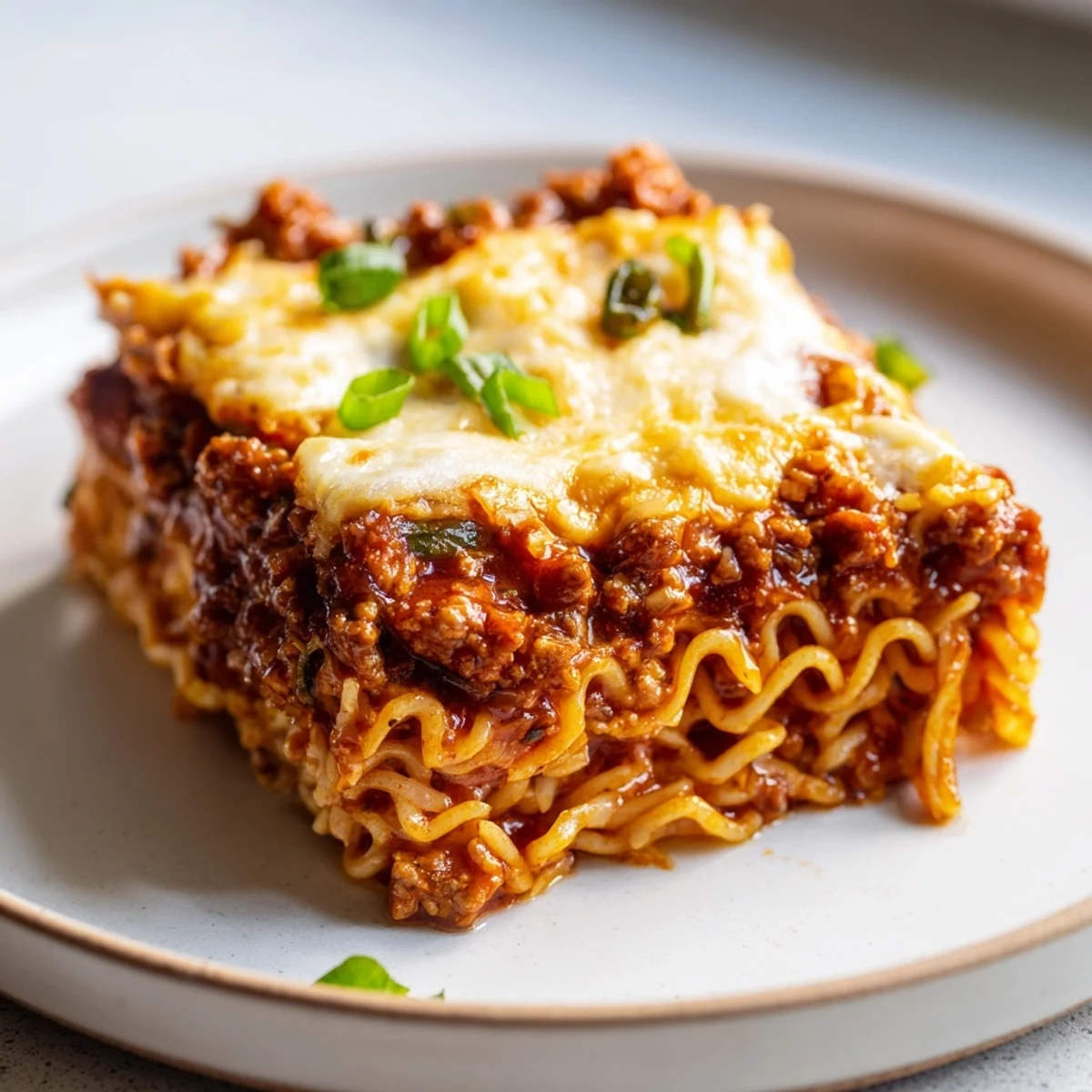 Deliciously layered Spicy Ramen Lasagna featuring savory pork and rich tomato sauce.  